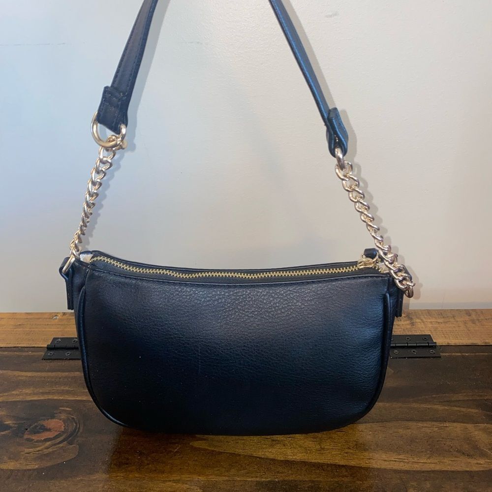 Black Leather Shoulder Bag Gold Chain Strap NEW